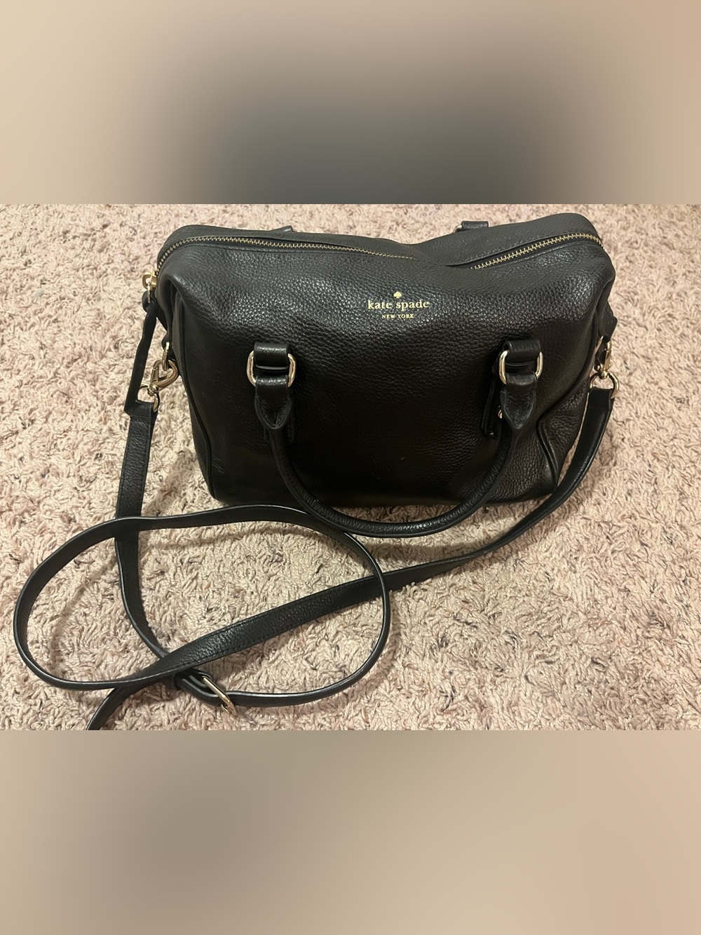 kate spade black pebbled leather satchel with gold logo